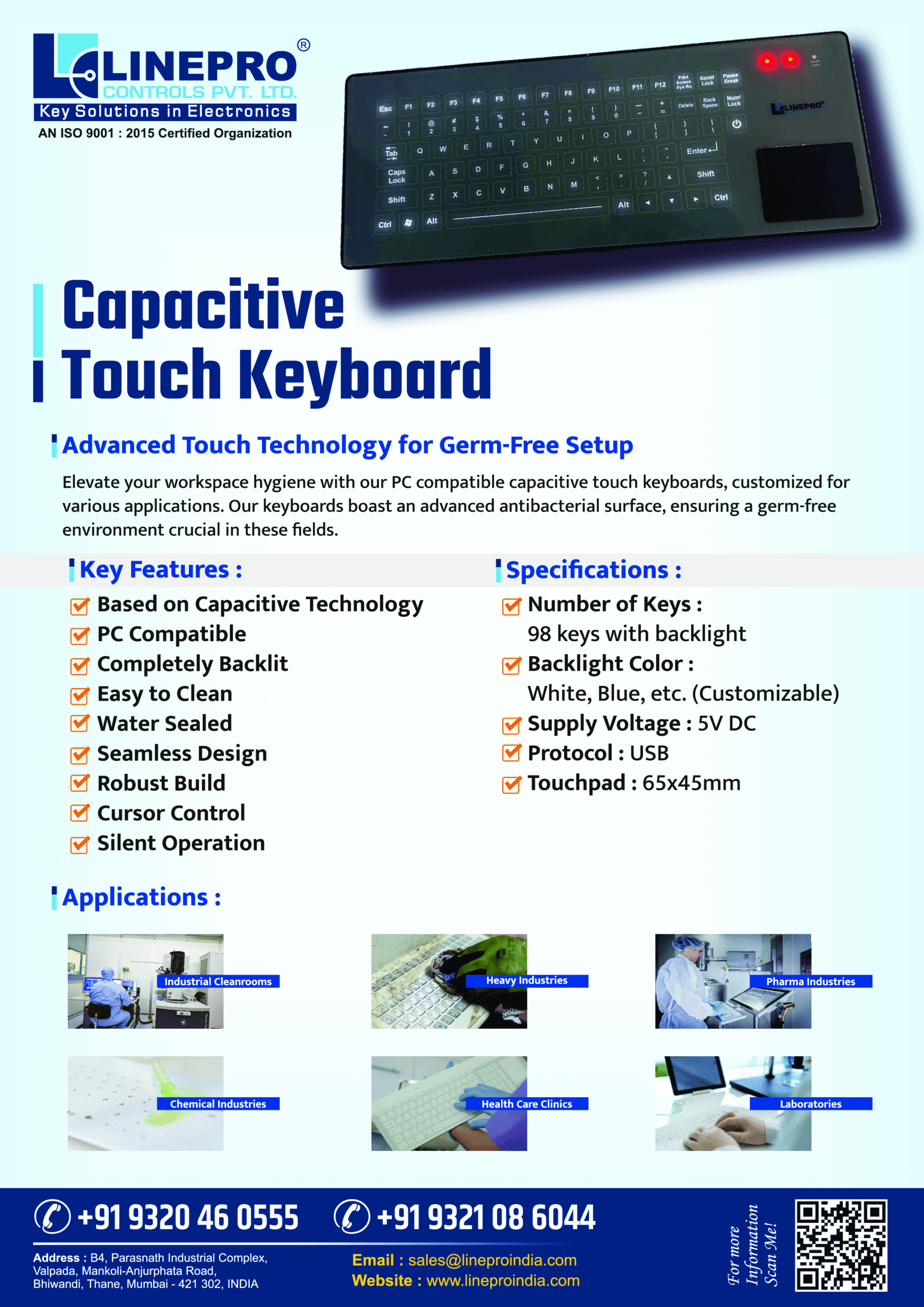 Linepro CapacitiveTouch Keyboard | Spill Resistant | Flat & Glossy Surface | For PC Laptop | Backlight Illumination - Image 8